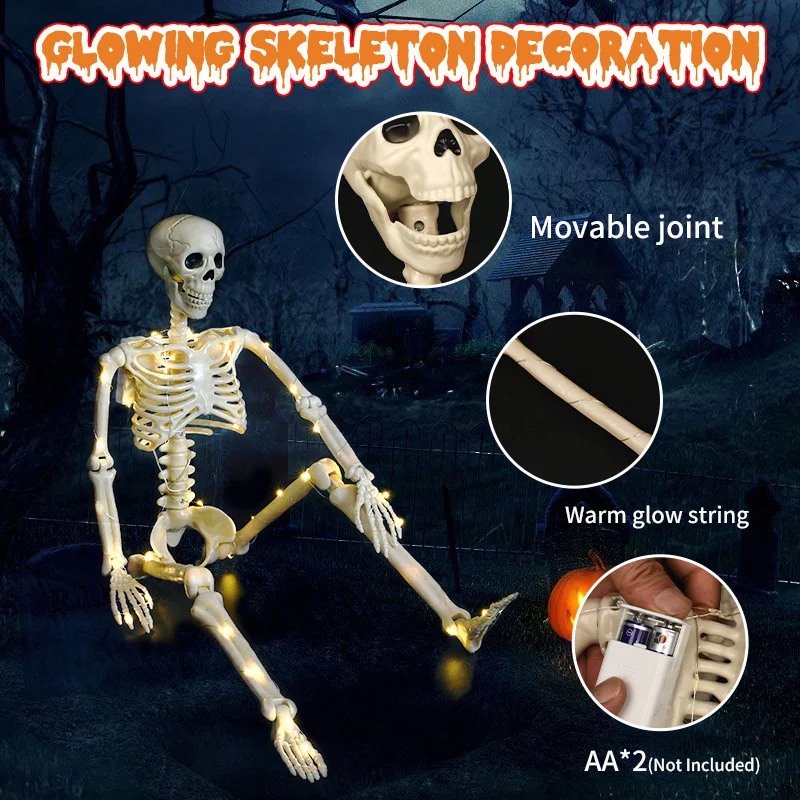 

Halloween 90cm Simulation Glowing Skeleton Ornaments Joints Movable Warm Color Standing Hanging Haunted House Decoration Gift