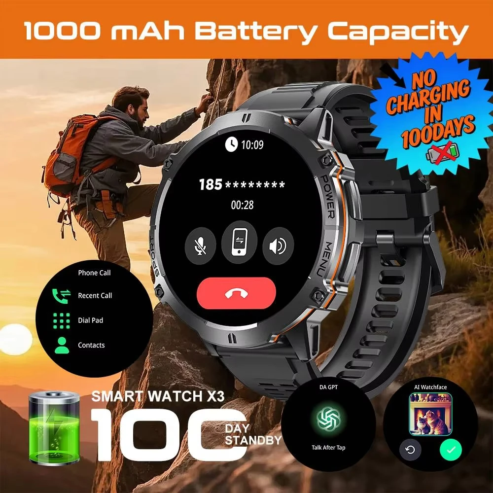 

2026 New Military TREX3 1000mAh Battery Smart Watch 1.73-inch Screen 5ATM Waterproof GPS Altimeter Bluetooth Call Men Smartwatch