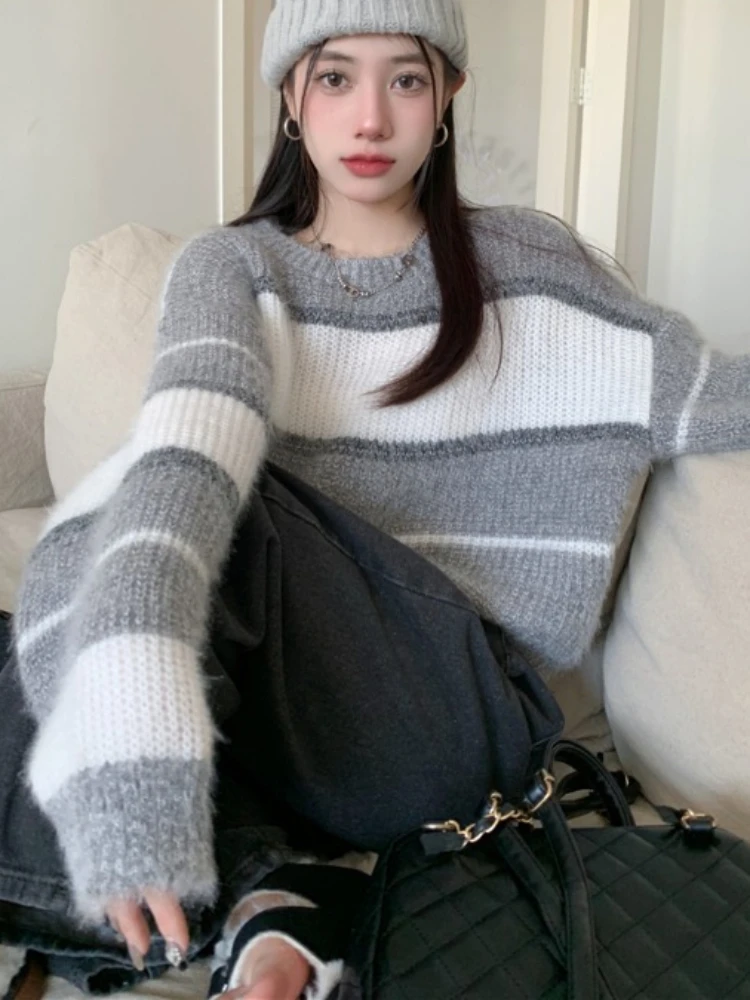 Cropped Sweaters Women Striped Elegant All-match Leisure Cozy Hotsweet Chic Autumn Gentle Students Office Lady Stylish Classic