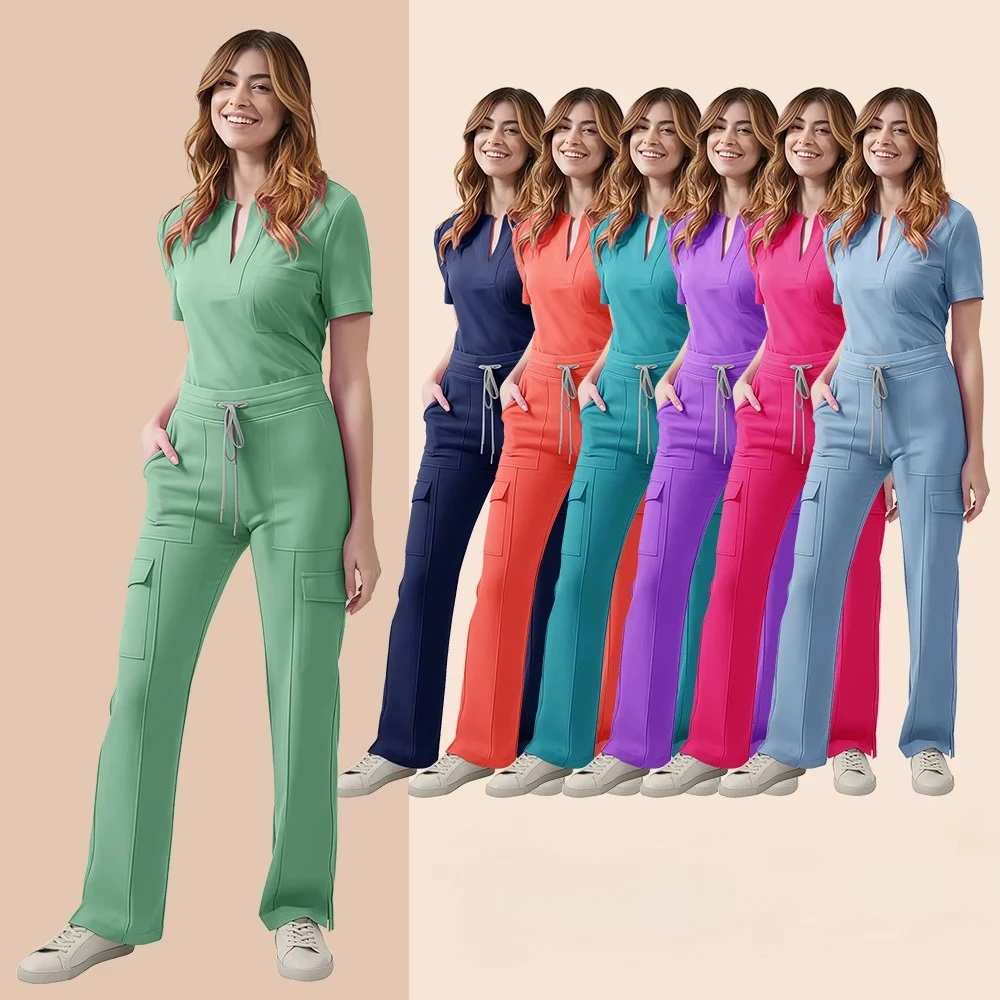 

Медицинские скрабы, униформа, женский скраб для медсестры, карманный топ + брюки, костюм из 2 предметов, одежда для ухода за операционной, салон красоты, работа 2026