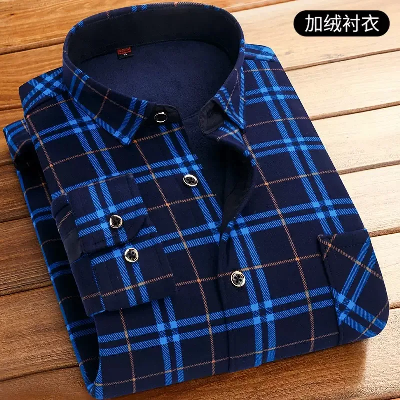 Autumn and Winter Fashion Trend Fleece-Lined Thickened Warm Long-Sleeve Shirt Men's Casual Loose Sports Plus Size Plaid Shirt