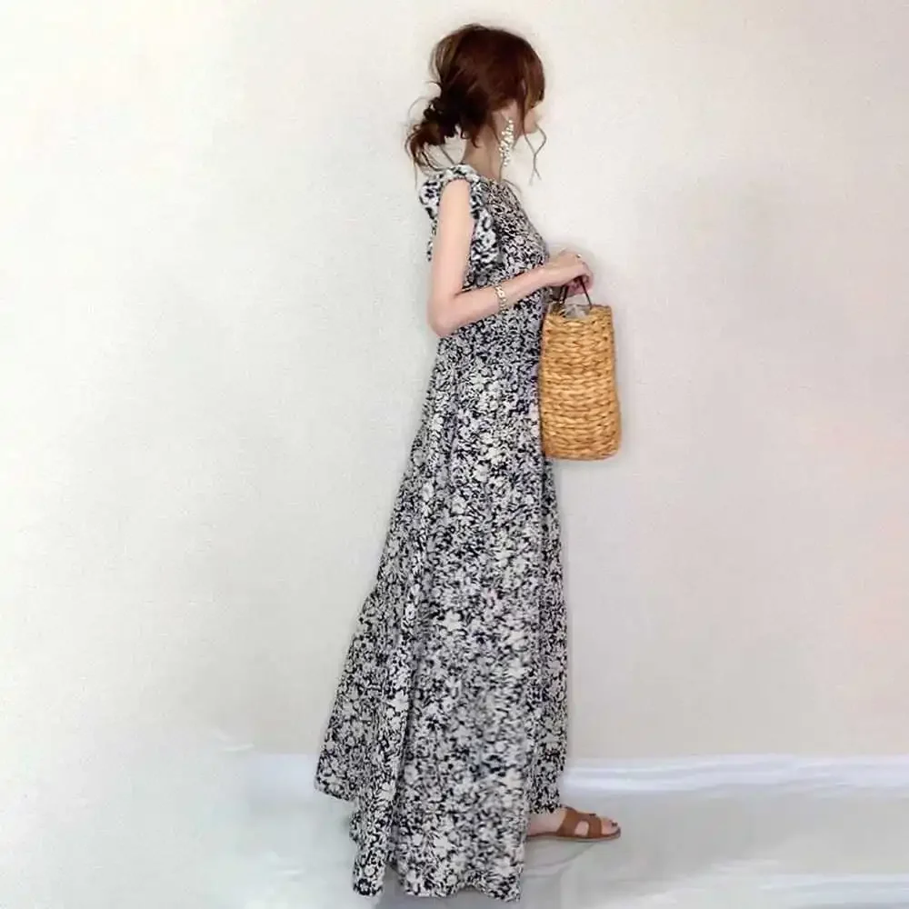 Women's Slimming Long Dress 2022 Japanese Summer New Style Round Neck Ruffle Sleeves A- Line Skirt Smooths Your Silhouette