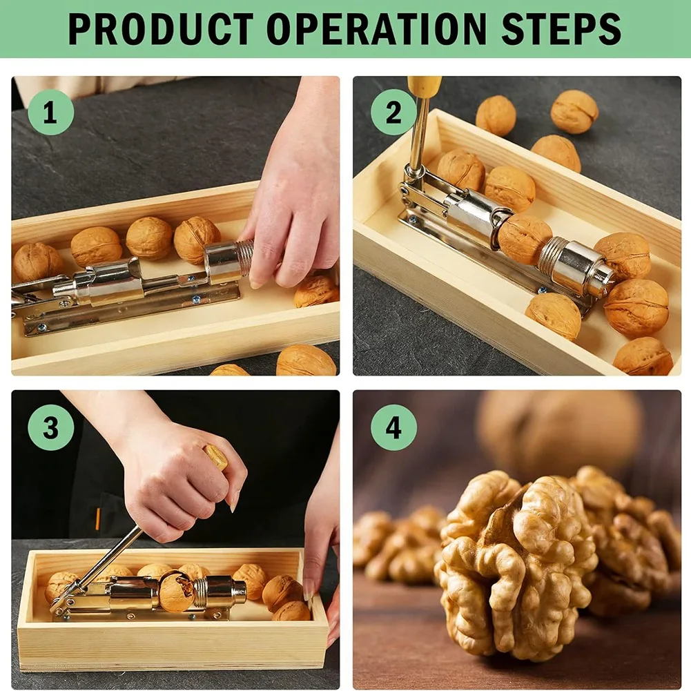 Pecan Nut Cracker Tool , Wood Handle Base with Rectangular Wooden Box Base for Walnuts, Chestnuts, Almonds