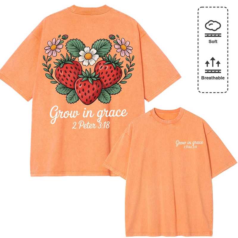

Женская стираная футболка с принтом Grow In Grace Stawberry Fruit, летняя уличная одежда с круглым вырезом, модный хлопковый топ, универсальная футболка Y2K