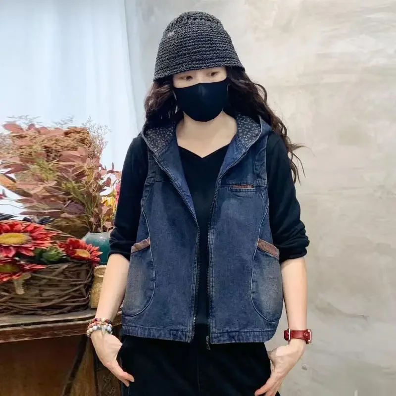 Vintage Women's Hooded Denim Tank Top Denim Waistcoat Short Jacket Loose Plus Size Large Pocket Color-block Wash Cropped Vest