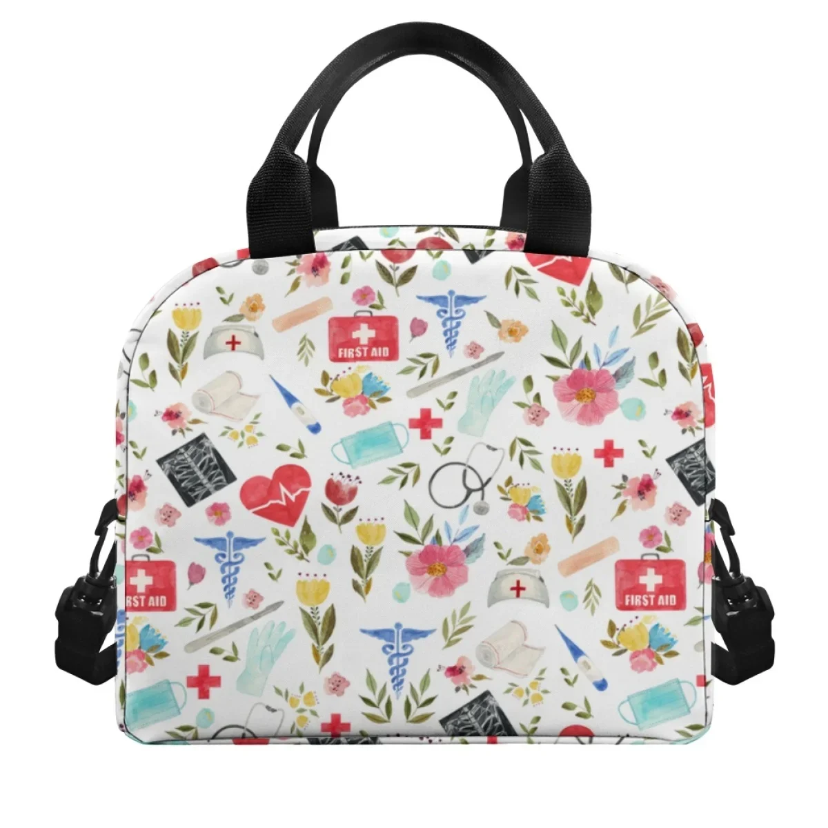 EMT EMS Paramedics Heart Flower Pattern Women Large Capacity Lunch Bag Multi Insulated Handbag Travel Outdoor Dirt Resistant Bag