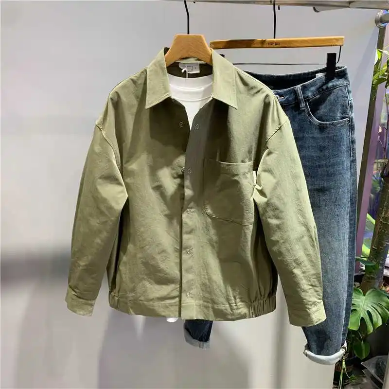 Men Korean Retro Cargo Shirt Jacket Spring Autumn Oversized Utility Jacket Casual Long Sleeve Workwear Shacket Fashion Outerwear