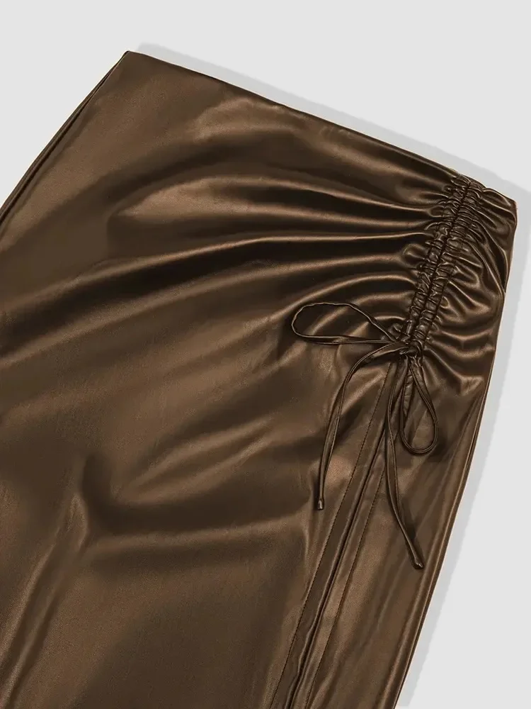 Falda larga dividida de cuero Pu para mujer, falda Sexy por debajo de la rodilla de cintura alta, elegante, con cremallera y cordón, para verano 2025