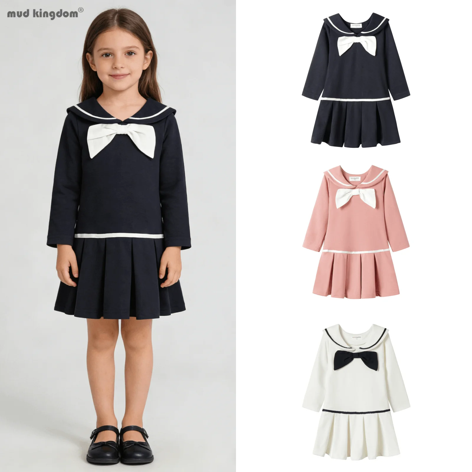 

Платье для девочек Mudkingdom: морской воротник, длинный рукав, бантик, плиссированное, темно-синее, мягкое, удобное, для повседневной носки и школы, для маленьких девочек