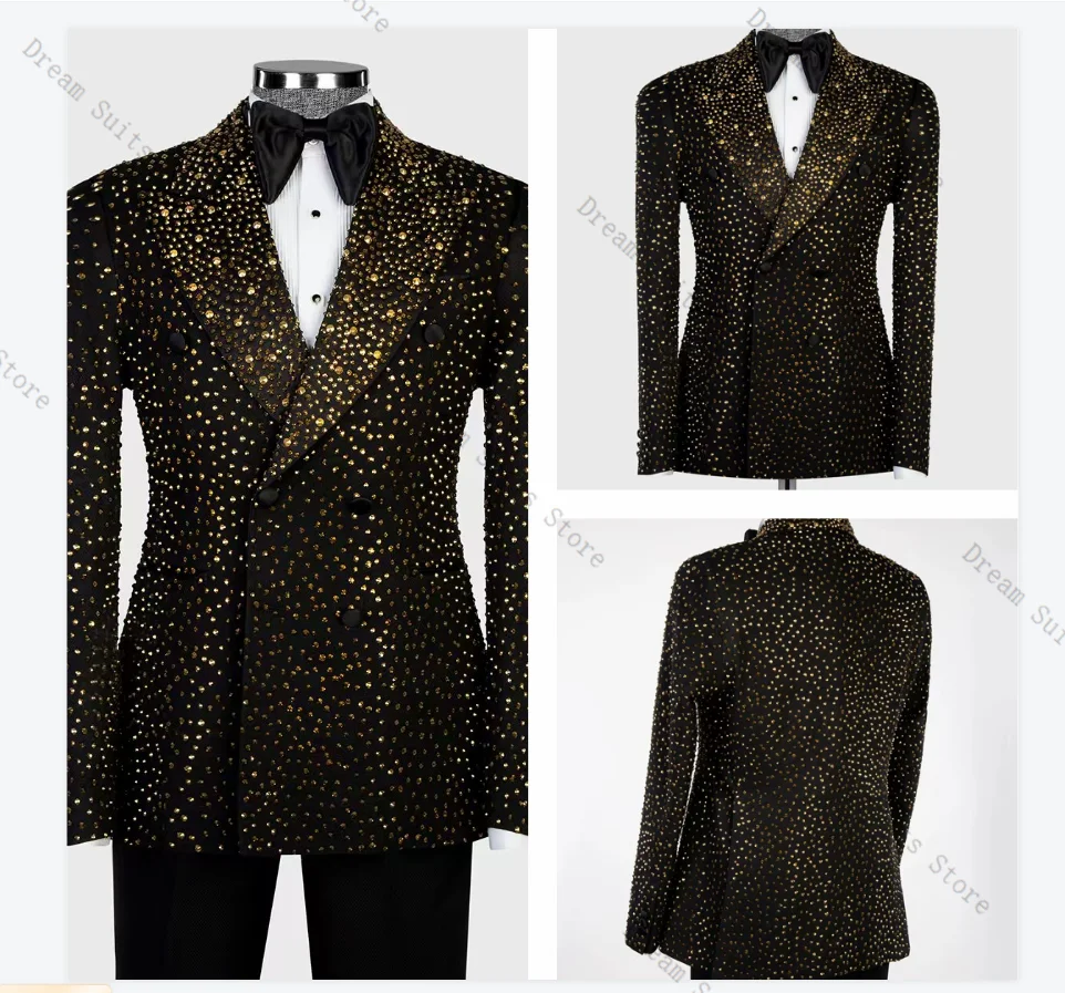 

Crystals Groom Men Suit Set 2 Piece Blazer+Pants Trousers Black Customized Formal Business Office Jacket Wedding Tuxedos Coat