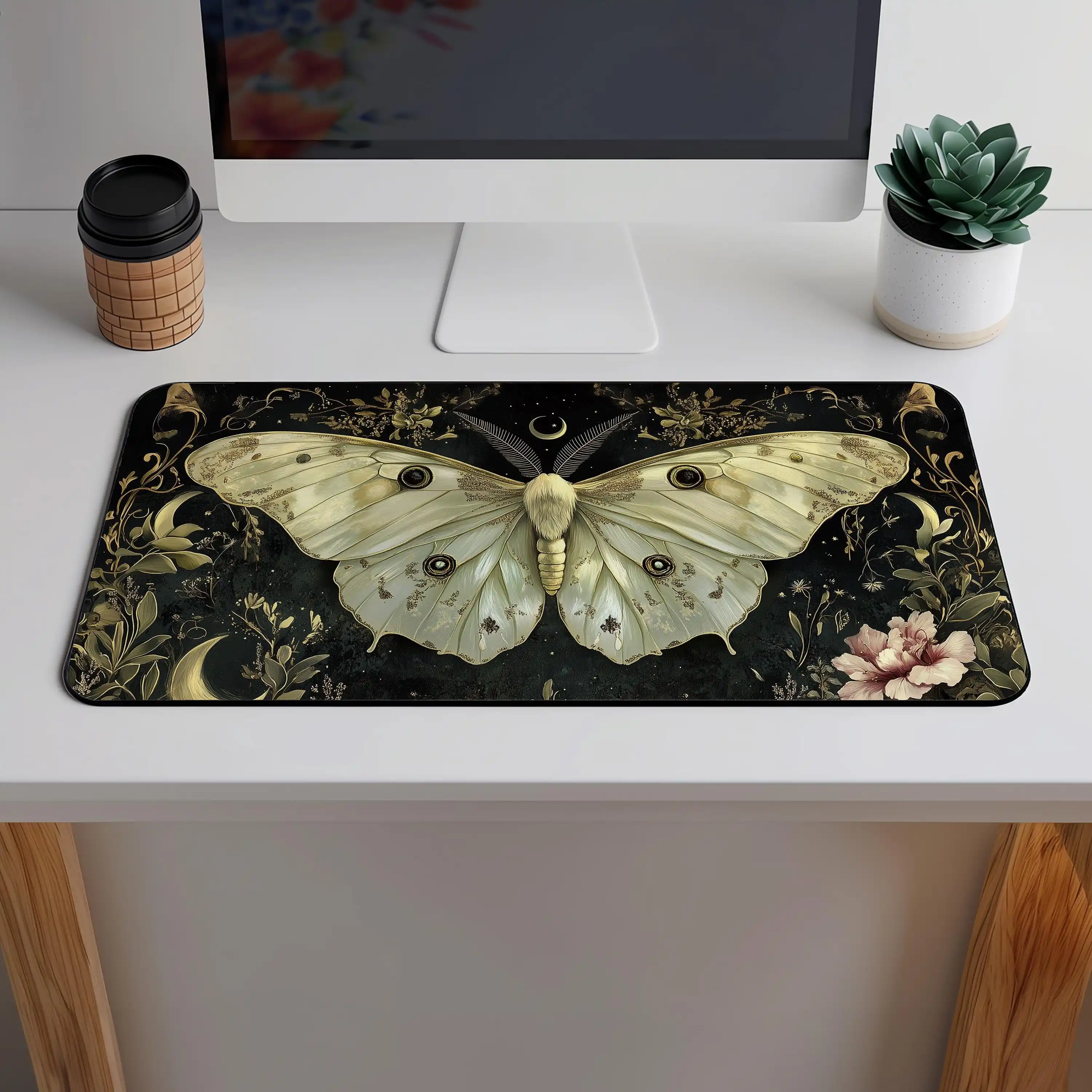 Gothic White Lunar Moth Desk Mat Goth Celestial Luna Butterfly Mouse Pad Botanical Green Witch Mousepad Whimsigoth Office Gift