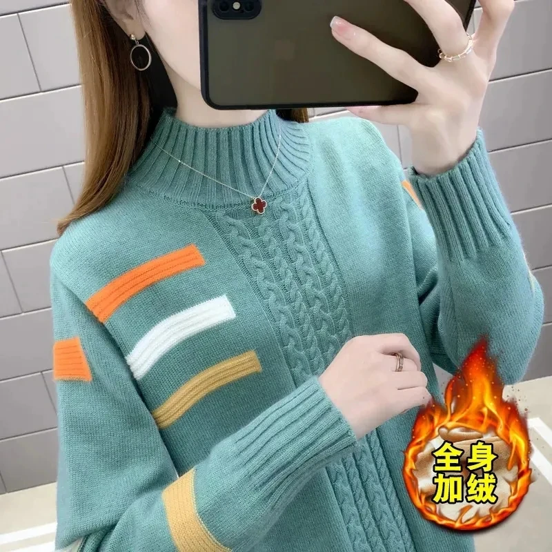 

2023 Autumn Winter New Sweater Women's Half-High Collar Add Velvet Thick Pullover Ladies Coat comfortable Bottoming Shirt Tops