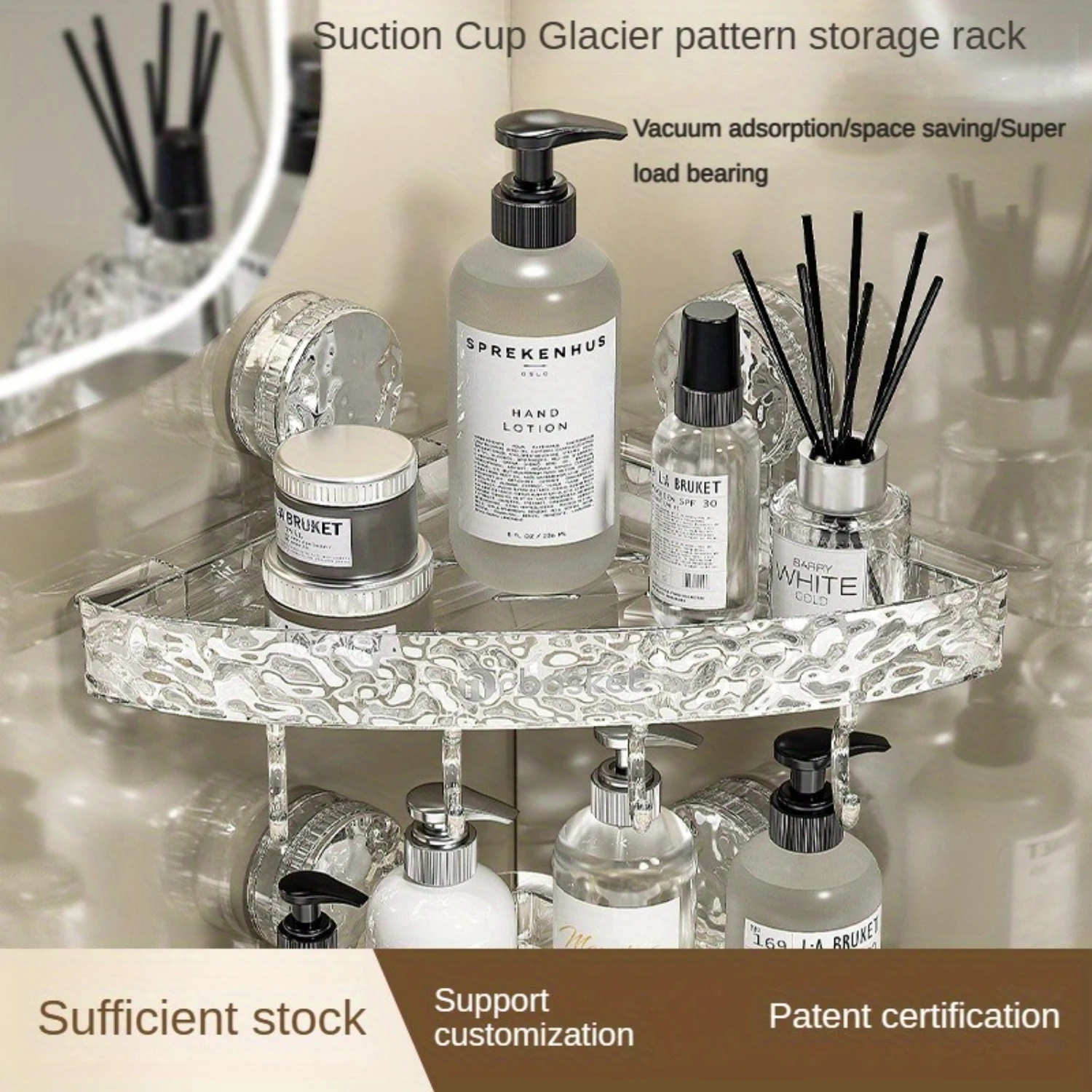 

Glacier Glass Corner Shelf, Suction Cup Wall-Mounted Triangle Rack, Waterproof Bathroom Organizer - Contemporary Style