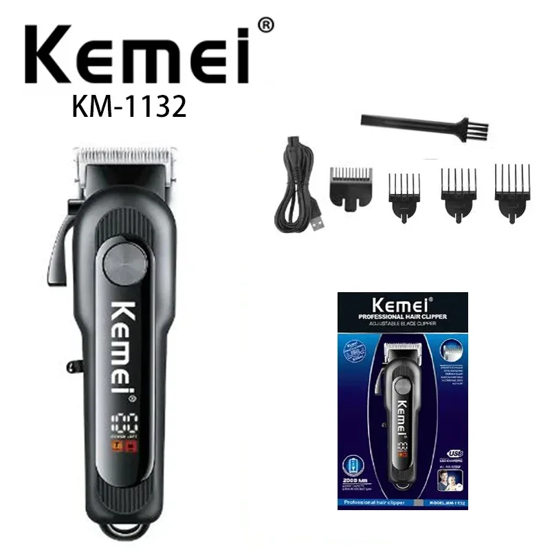 kemei KM-1132 high-power salon professional men's cordless electric hair clipper, USB charging LCD digital hair clipper