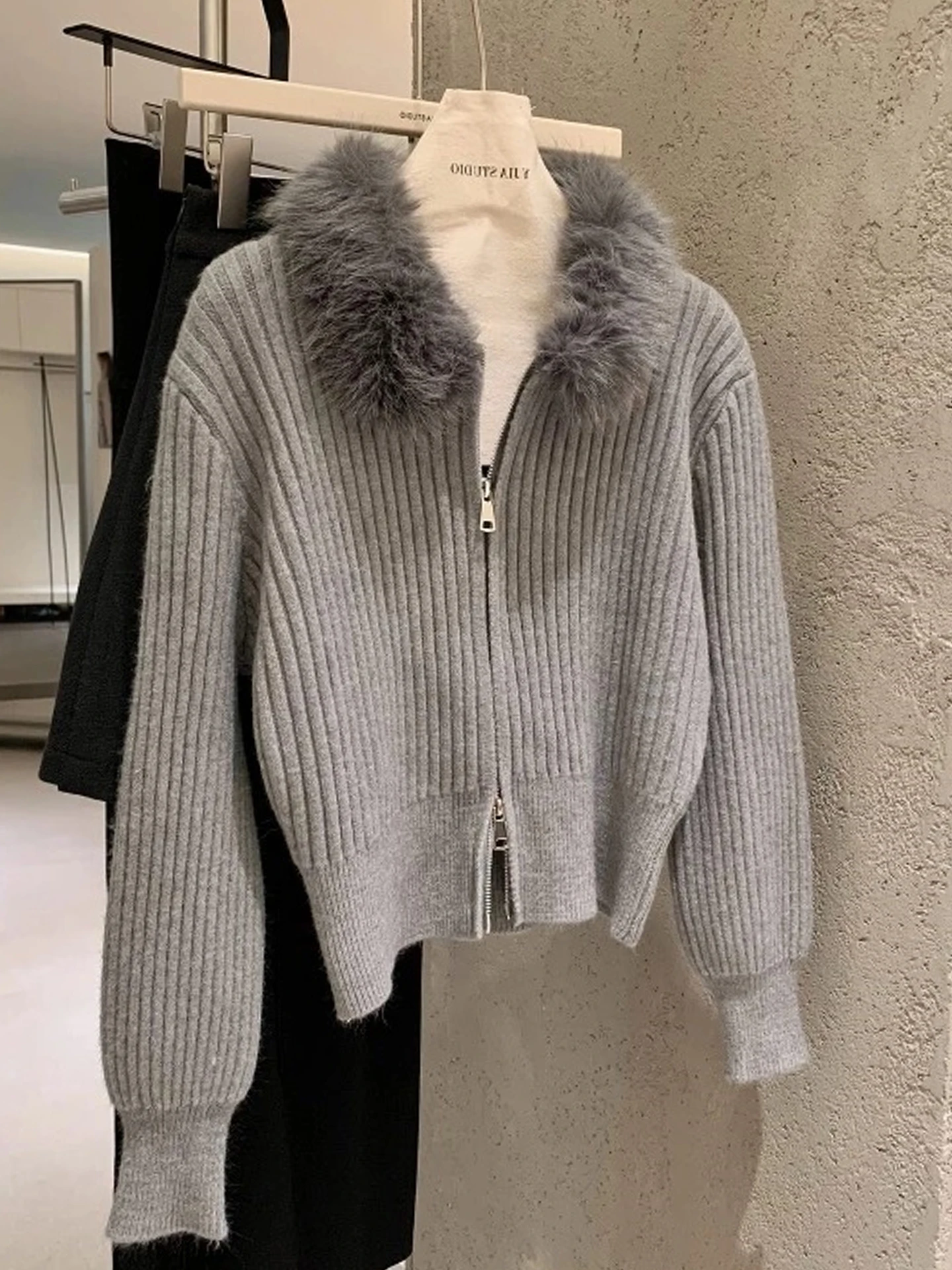 

Unique Double Zipper Fur Collar Knitwear Sweater Outerwear Women Winter Faion Sweet Sle High Waist Thiened Long Sve