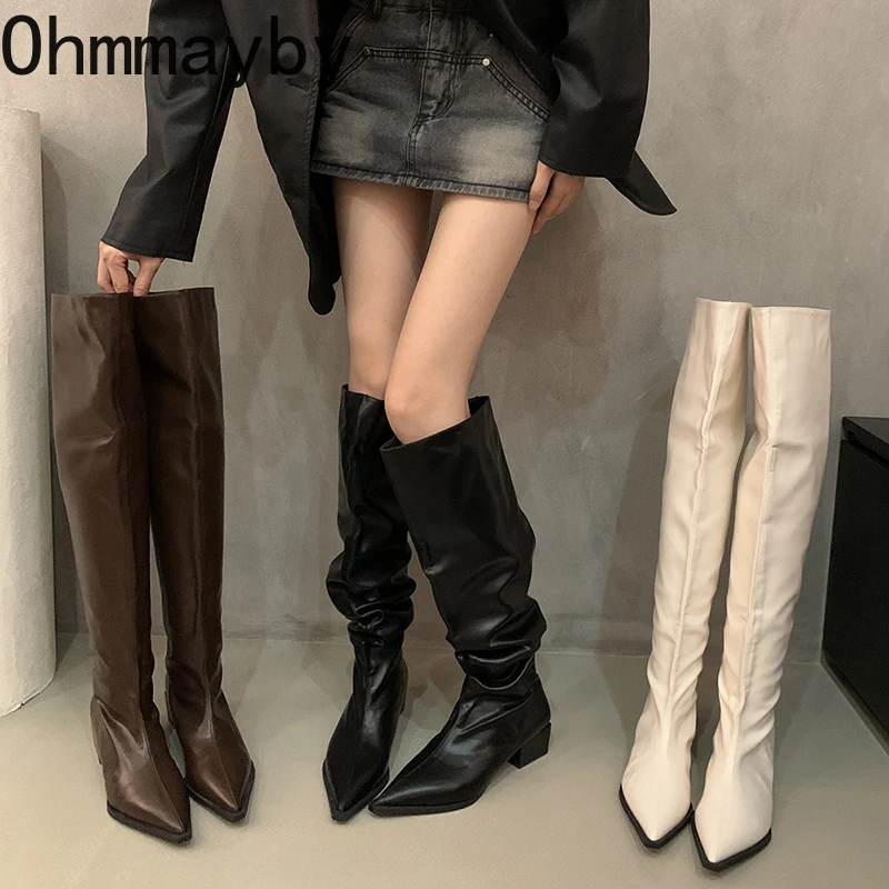 Botas por encima de la rodilla de cuero suave elástico para mujer, zapatos de punta estrecha a la moda, botines largos de tacón grueso para otoño e invierno