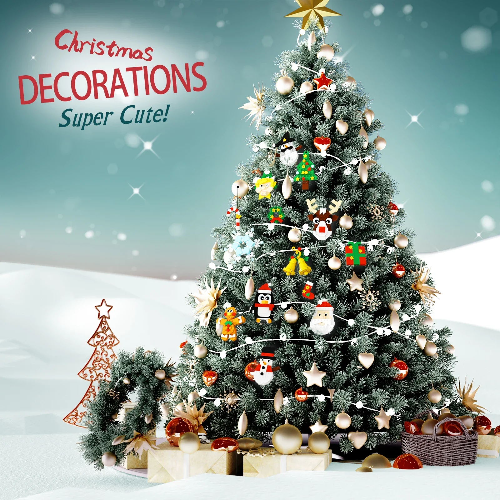 

MOC Рождественский кулон, строительные блоки, Санта-Клаус, олень, снеговик, пряничный человечек, подвески «сделай сам», кирпичный декор для вечеринки, игрушки, подарок