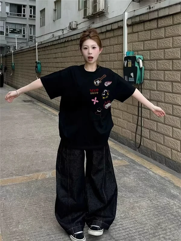 Extra Large 300 Pounds American Style Heavyweight Pure Cotton Short Sleeve Women's T-Shirt Summer High Street Trendy Brand Ha...