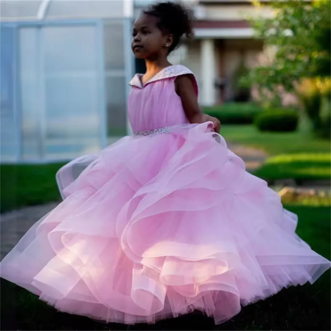 Pink Ball Gown Girls Birthday Party Dresses Layered Ruffles Crystal Flower Girl Dresses Kids Pageant Gowns for Photo Customized