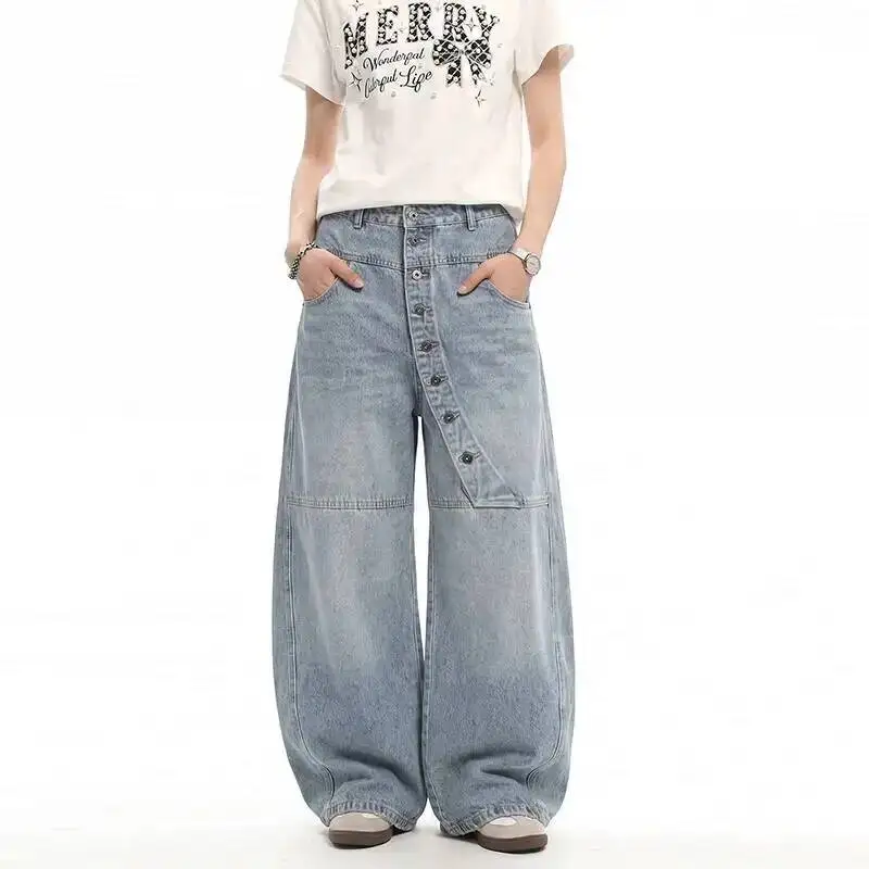American Style Threedimensional Washed Distressed Long Button Baggy Silhouette Curved Jeans Men's Denim Long Pants PBBM