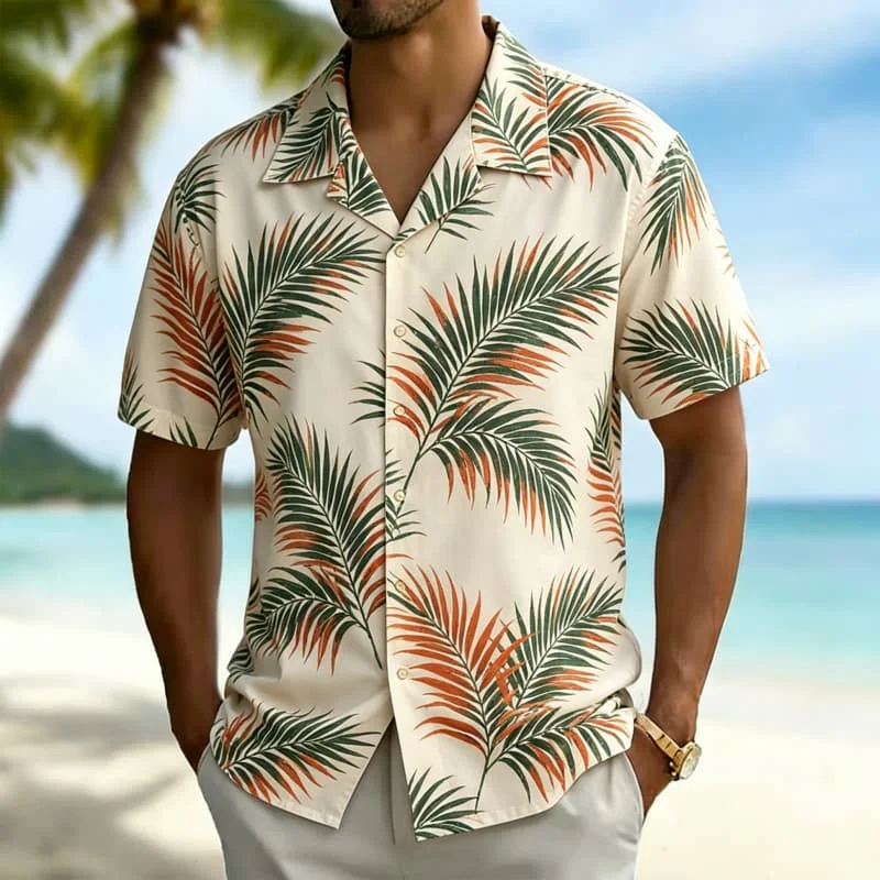 Men's Tropical Hibiscus & Leaf Print Short Sleeve Shirts ，for Summer Gatherings, Beach Parties & Daily Outings