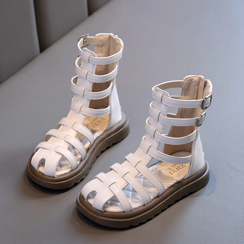 Summer Girls Open-Toe High-Top Roman Sandals Children Hollow Soft-Soled Casual Shoes Kid Zipper Beach Shoe Casual Fashion Sandal