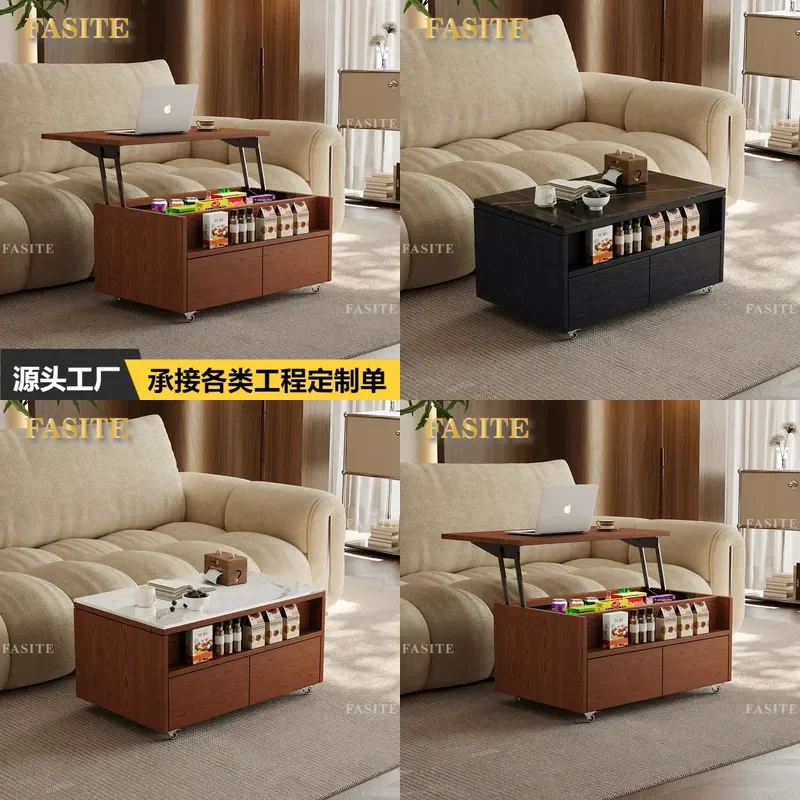 For Small Apartment Living Room Solid Wood Lifting Mobile Coffee Table with Wheels Sofa Side Table Multi-functional Storage
