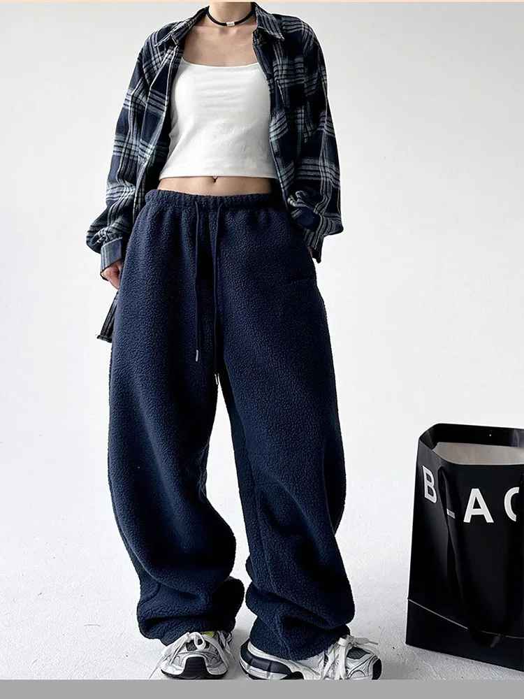 Autumn Winter Fleece Sweatpants For Women High Waist Letter Embroidered Loose Trousers  American Fashion Faux Lambswool Pants