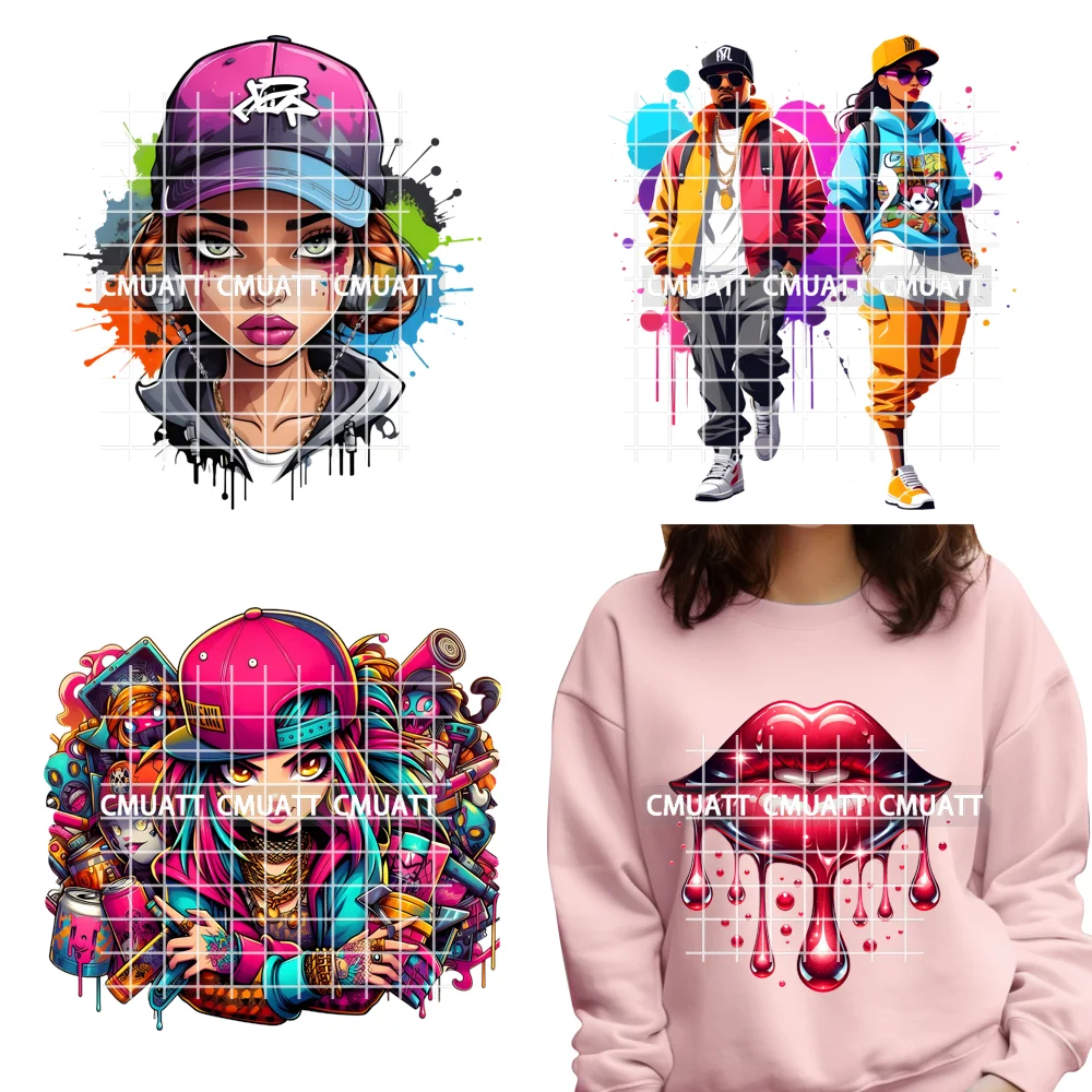 

12in Red Dripping Lips Music Cartoon Graffiti Urban Girls Iron on DTF Transfer Stickers Ready to Press for Woman T-shirts Bags