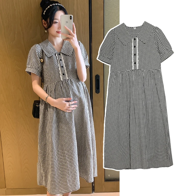 Sommer Koreanische Mode Plaid Mutterschaft Lange Kleid Süße OL Formale Arbeit Damen Kleidung für Schwangere Frauen Schwangerschaft Kleidung