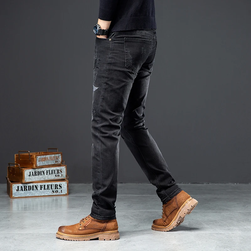Embroidery Trend Black Jeans Men's Slim Stretch Handsome Menswear 2024 Autumn Street Fashion Skinny Trousers