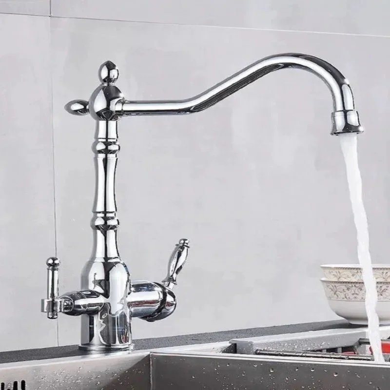 Gold/Silver/Brass Kitchen Faucet 360° Rotation Deck Mounted Tap Dual Outlet Water Modes Hot and Cold Mixer