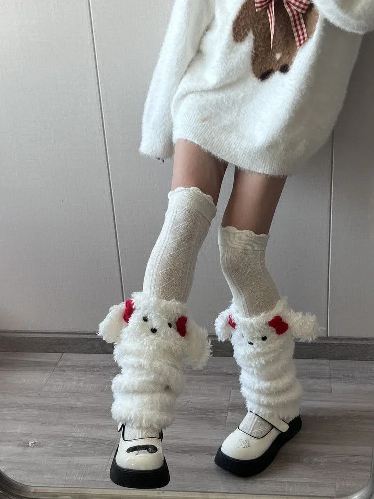 2025 hot sale Harajuku Women Lamb Wool Kawaii Dog Leg Warmers Japanese Preppy Style Socks Cute Bow Student Long Winter Foot Y2k