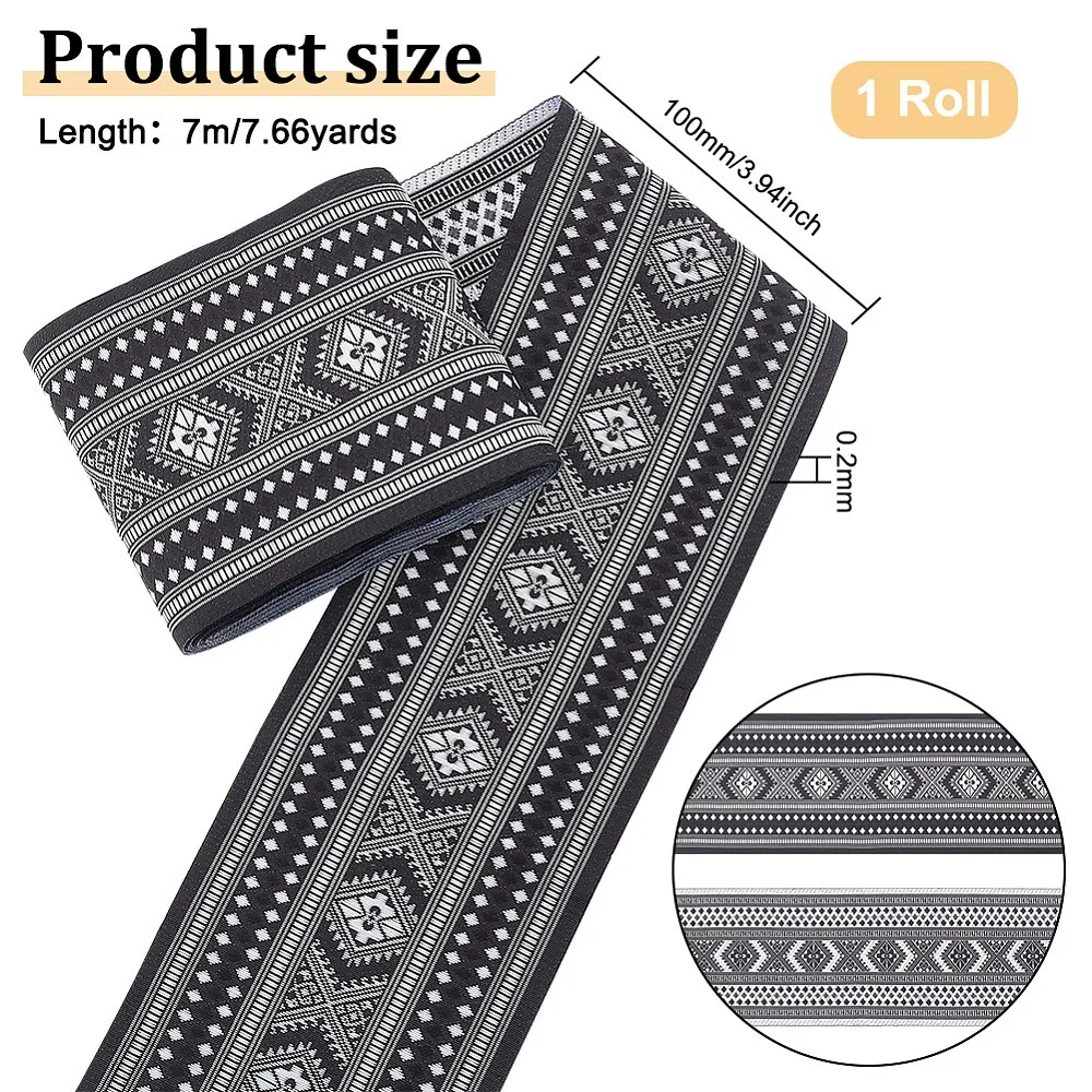 Polyester Ribbon Jacquard Ribbon for Gift Wrapping Party Decoration Black Flat Rhombus Pattern 4 inch(100mm)