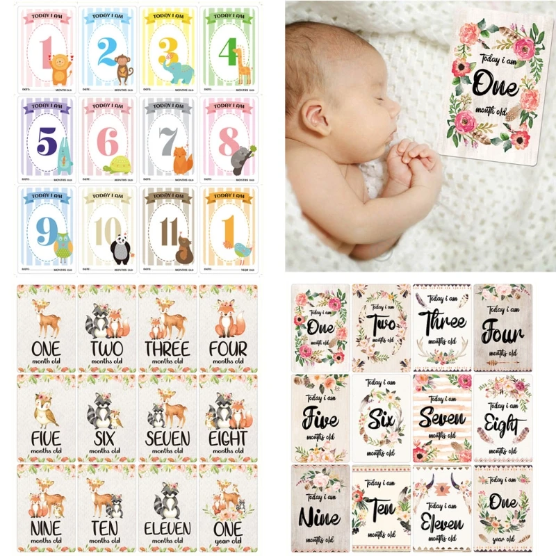 Q0KB 12 Sheet Baby Monthly Milestone Cards Birth to 12 Months Photo Moment Cards Unisex Boys Girls Photo Keepsake Landmark