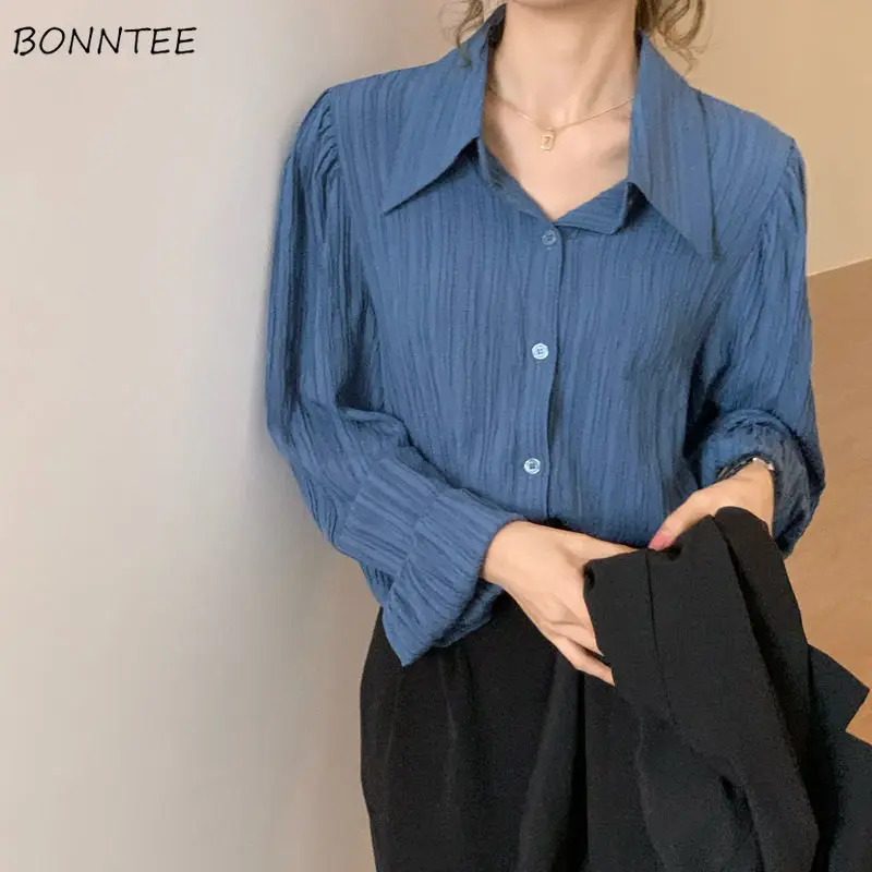 Long Sleeve Shirts Women Office Ladies Vintage Solid All-match Korean Style Chic Tops Loose Folds Turn-down Collar Autumn Cloth