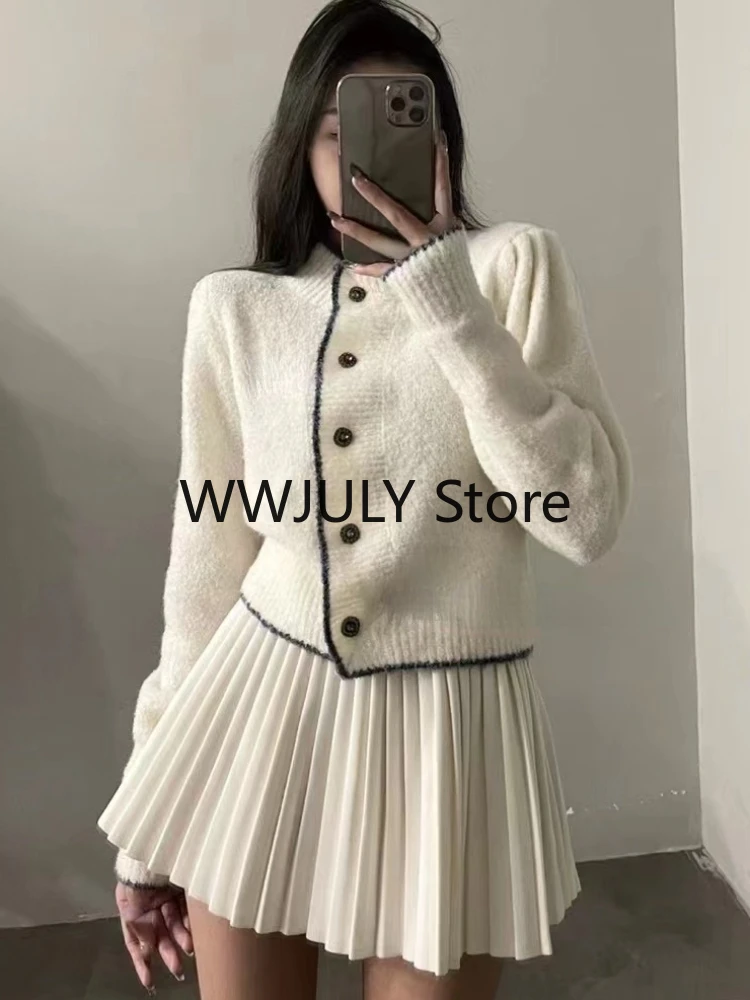 2023 autunno Outwear maglione lavorato a maglia bianco Cardigan + donna elegante minigonna Y2k moda coreana abito lavorato a maglia Office Lady Chic