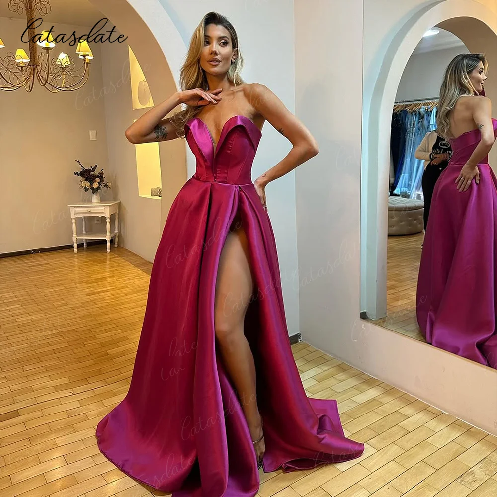 

Catasdate A Line Evening Party Dress Pleats Formal Occasion Dresses for Women High Slit Wedding vestidos de fiesta Customized