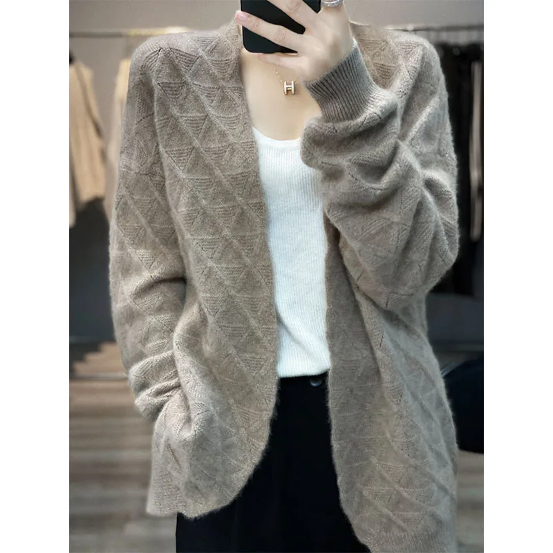 100% pura lana maglione donna giacca lavorata a maglia di media lunghezza 2022 autunno e inverno Cardigan a maniche lunghe spesso con scollo a v Top