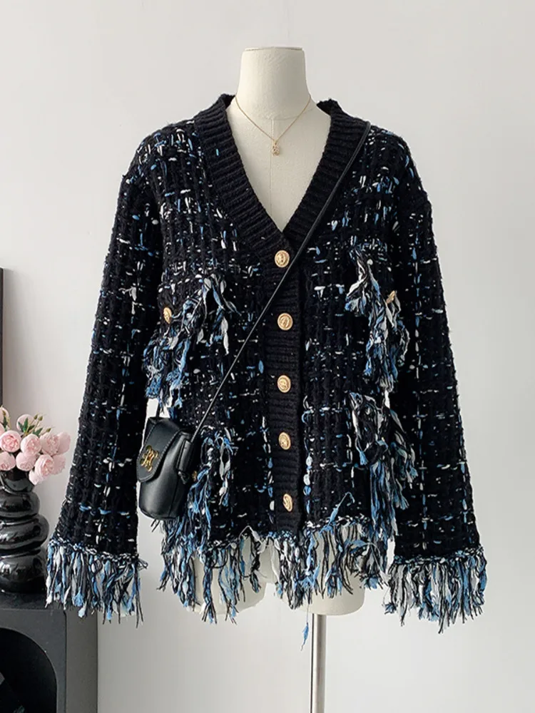 Temperament Korean Fashion Knitted Tassel Edge Thickened Mixed Color Cardigan Jacket Women\'s Small Fragrant Sweater Knitted Coat