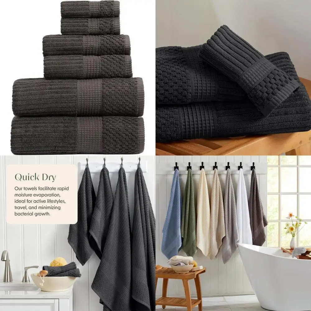 

6-Piece Cotton Bath Towel Set | Ultra Absorbent & Fast Dry | Durable Textured Krista Collection in Black Ink