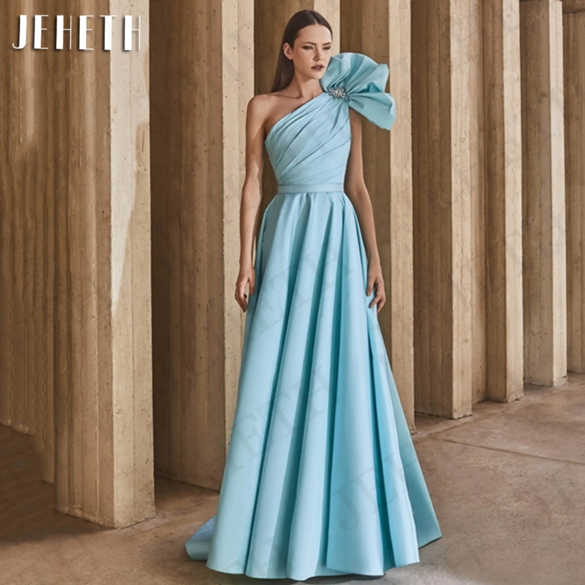 JEHETH Sky Blue One Shoulder Evening Dress Satin Elegant A Line Sleeveless Special Occasion Dresses abendkleid Sweep Train Women