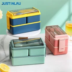 JUSTINLAU Portable Single/double Layer Lunch Box for Kid with Fork＆Spoon Microwave Leakproof Sealed Bento Box Student Lunch Box