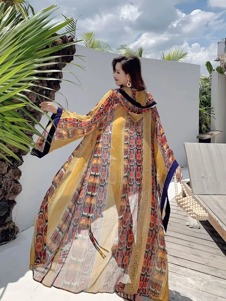 Mujer étnico nacional Nepal Sexy cubre Boho Kimono camisa cárdigan largo playa vacaciones viaje con capucha estampado fino vestido Tropical