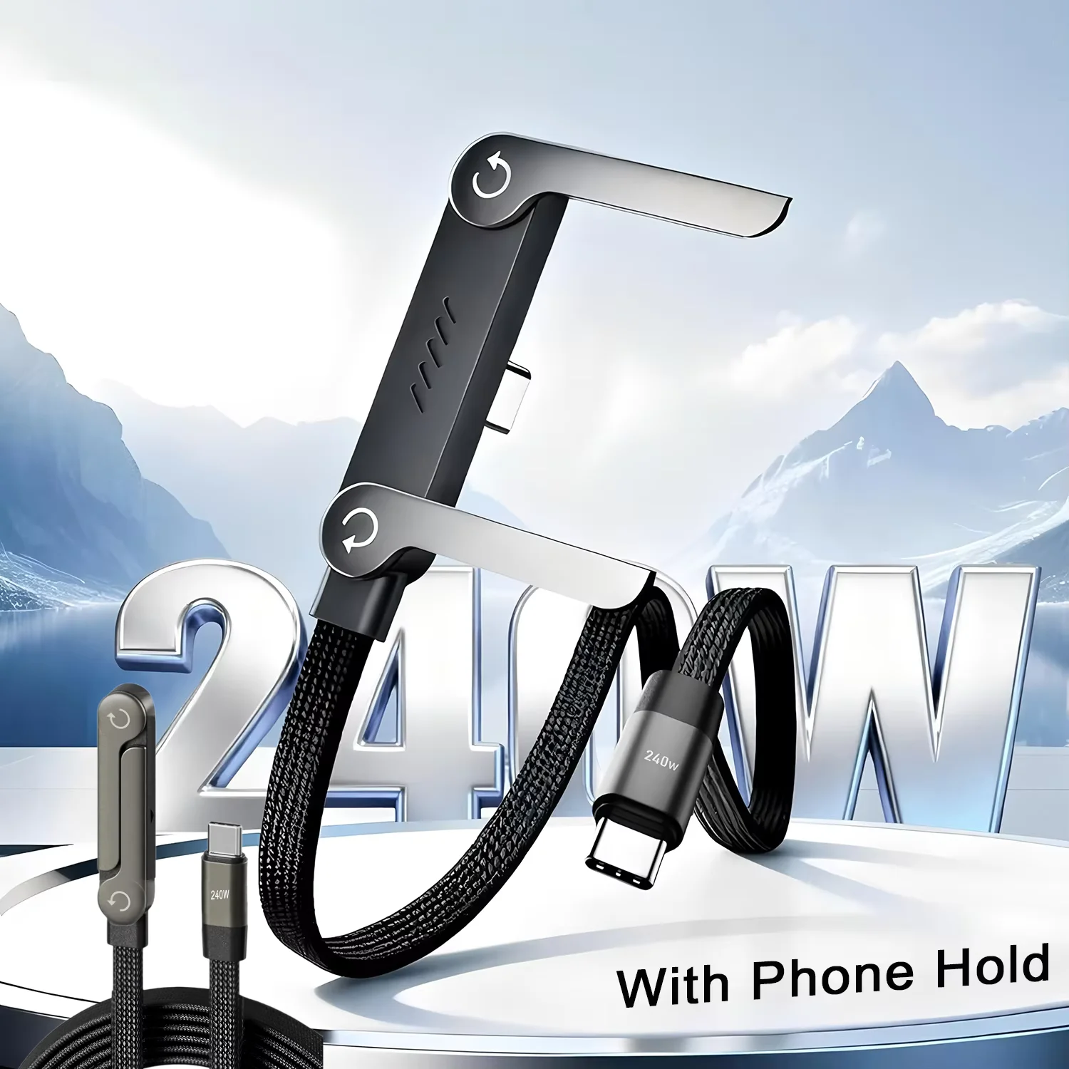 2-IN-1 Type-C Cable Foldable Mobile Phone Holder 240W Fast Charging Data Cable Multifunction Phone Charge Bracket Dual PD cable