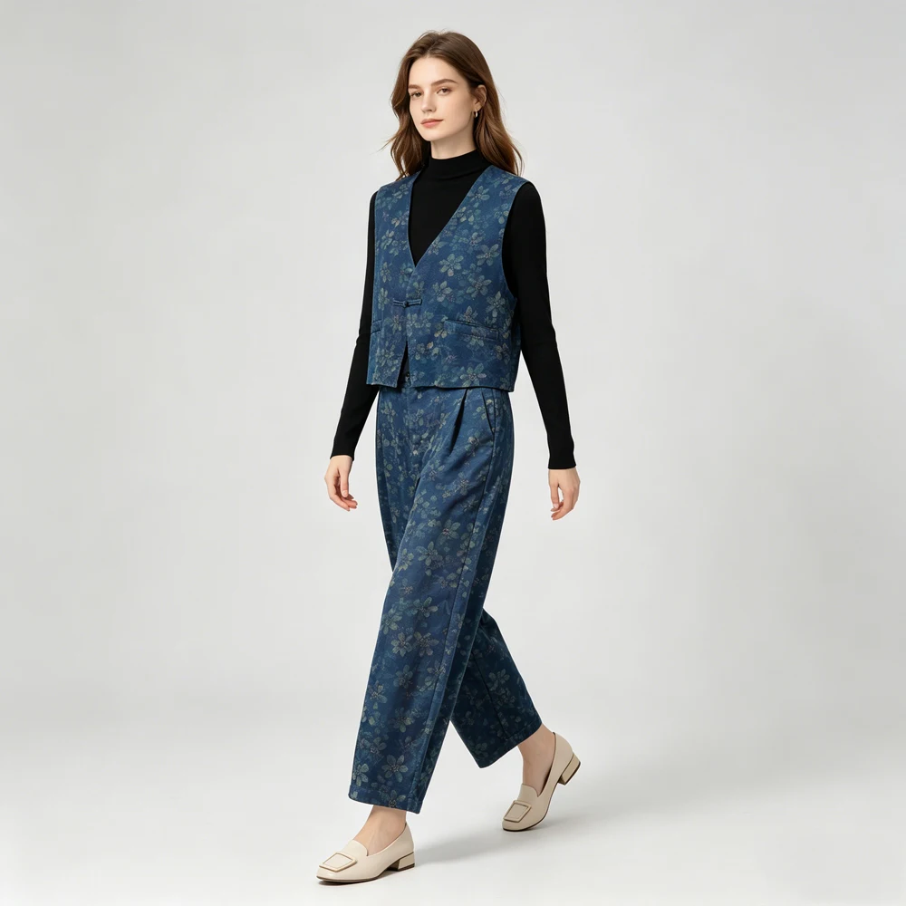 Blue Shadow Flower Paper New Chinese 100% Natural Mulberry Silk Red Cloud Yarn Fragrant Cloud Yarn Women's Vest Harem Pants Set