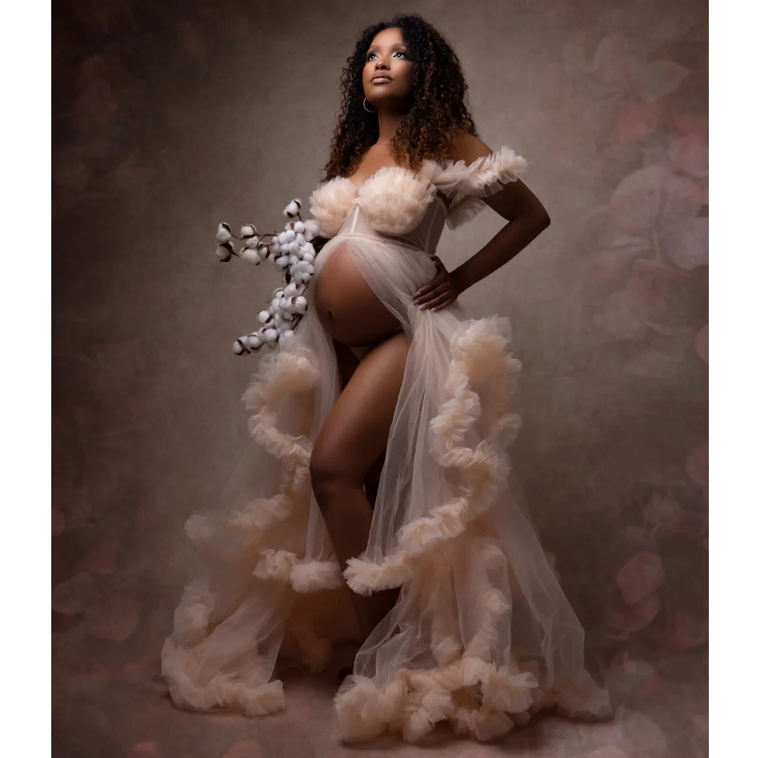 

Boho Prom Dresses Tulle Layers Maternity Maxi Gown Customized Ruffles Transparent vestido de novia Photography Props