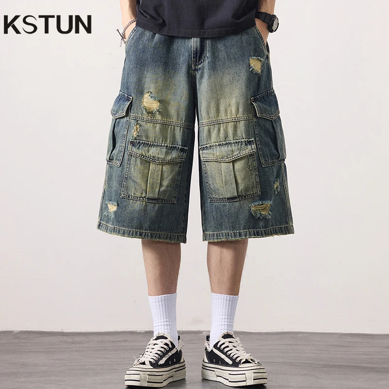

KSTUN 2025 Vintage Denim Short Jeans Men Baggy Wide Leg Cargo Jeans Man Crop Pants Distressed Hip Hop Multi-Pockets Plus Size 40