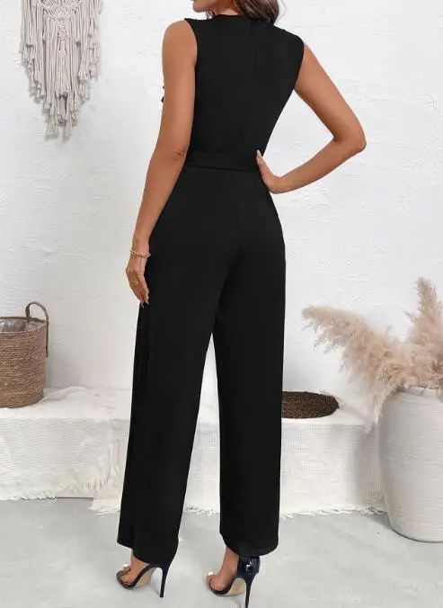 

Women's Jumpsuit 2025 Summer Hot Selling Lace Patchwork Round Neck Sleeveless High Waisted Lace Up Straight Leg Jumpsuit Pants