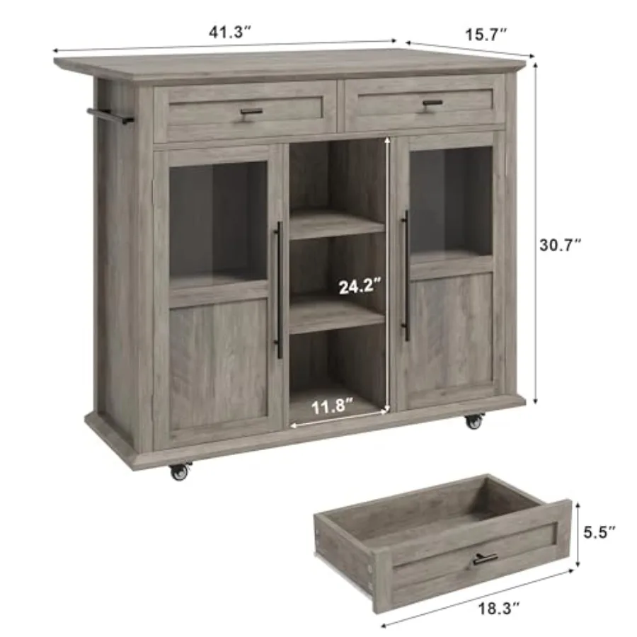 Rolling Kitchen Island Cabinet with Wood Worktop Glass Storage